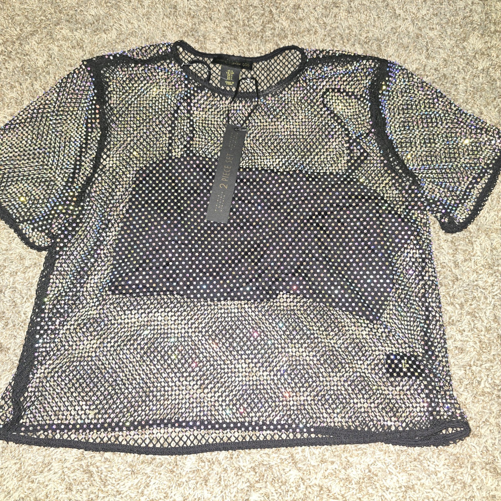 House of Harlow 1960 Rhinestone Mesh Crop Top S Crystal Festival Y2K Shirt 2pc