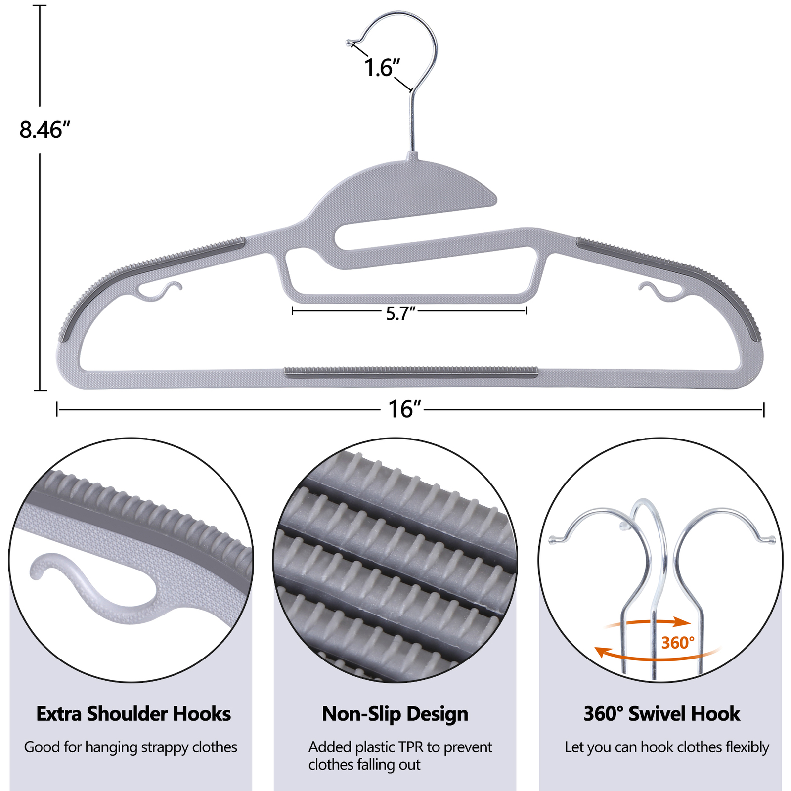 50 Pack Heavy Duty Plastic Hangers Non Slip Clothes Hangers for Coats Pants Gray