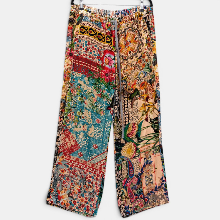 Johnny Was Sz M Silk Rayon Patchwork Wide Leg Lounge Pants Boho Pull On FLAWED
