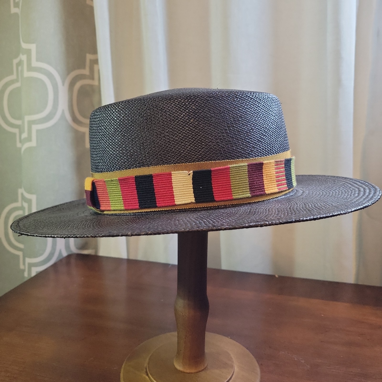 Goorin Bros Charcoal Flat Brim Panama Fedora Hat Toquilla Straw Boater 23″ 7 3/8