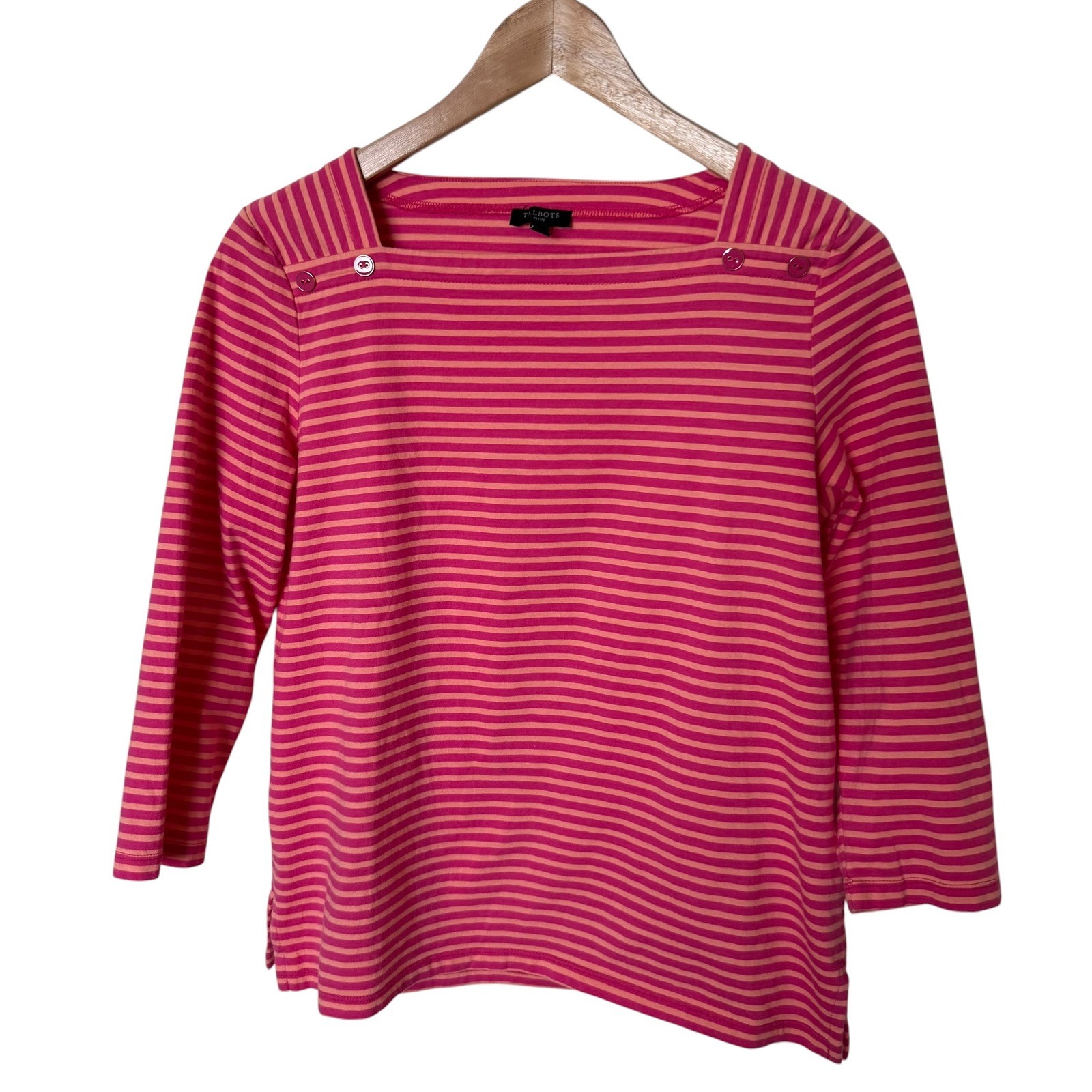 Talbots Striped Boatneck Top Women SP Pink Orange Excellent 3/4 Sleeve Button