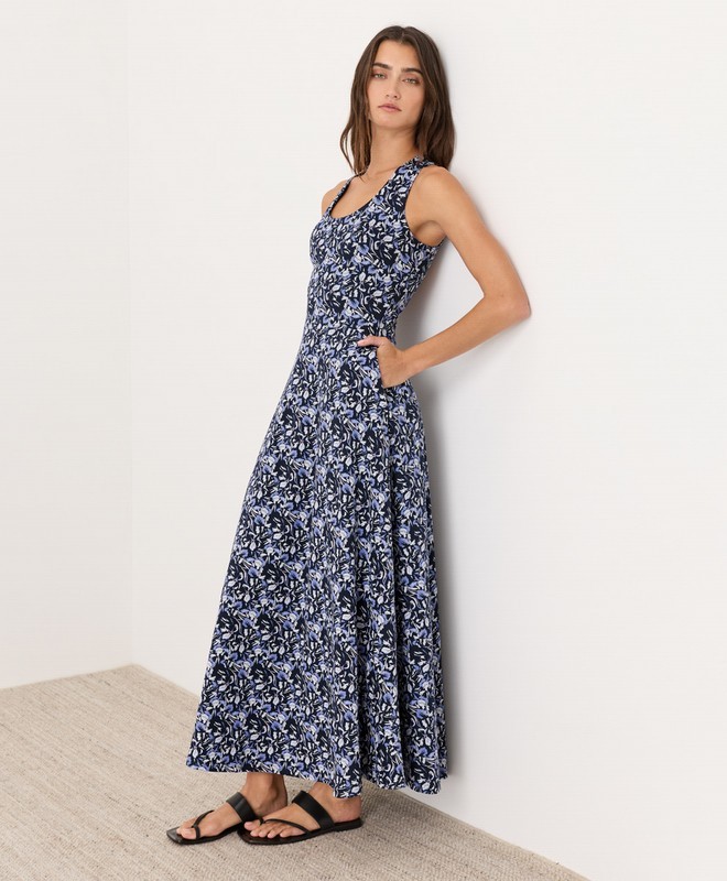 PACT Organic Fit & Flare Open Back Maxi Dress Paradise Petals Navy Blue