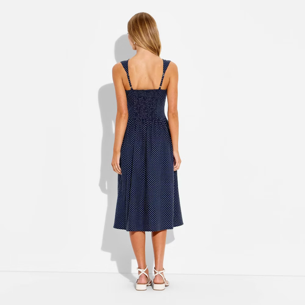 Women Button-Front Lace Midi Dress – Wild Fable Navy Blue Polka Dots