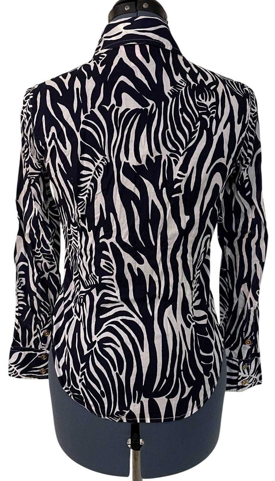 Lilly Pulitzer Catching Zzz’s Blue White Zebra Print Blouse Preppy Safari Boho 4