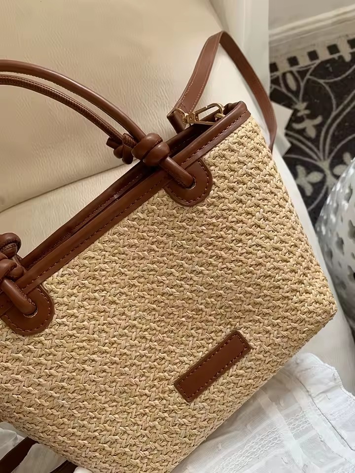 Straw Woven Crossbody Top Handle Knot Bucket Bag for Women Handbags