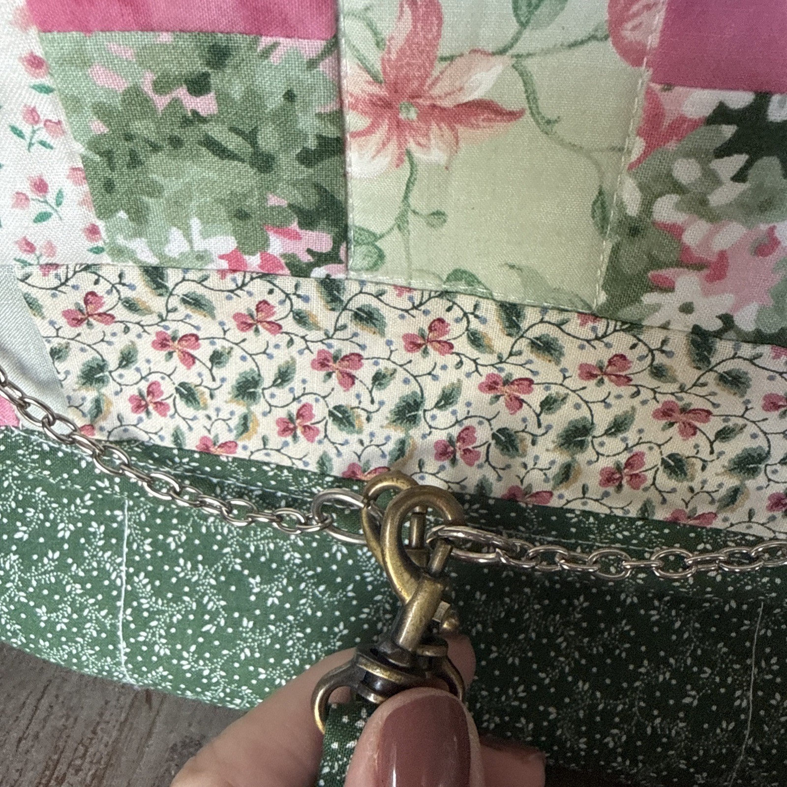 Homemade Quilted Cottage Core Cross Body Bag W/ Chain And Fabric Strap And Snap