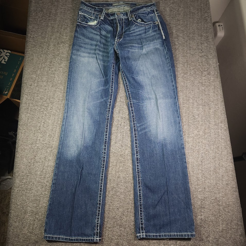 BKE Men’s Jake Straight Leg Jeans 32L Medium Wash Thick Stitch Buckle
