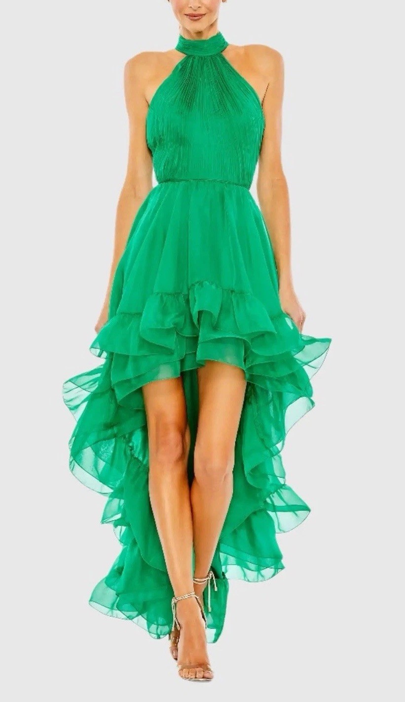 Ieena for Mac Duggal Green Ruffled Tiered High-Low Pleated Gown Size 2 NWT