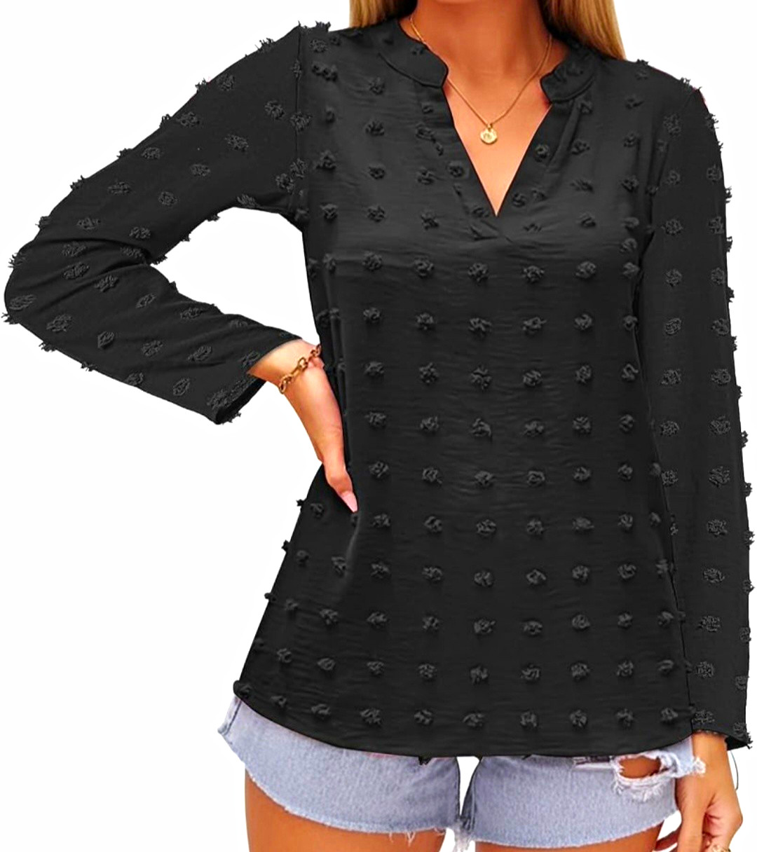 Blooming Jelly Women’s Black Solid V-Neck Long Sleeve Textured Chiffon Blouse