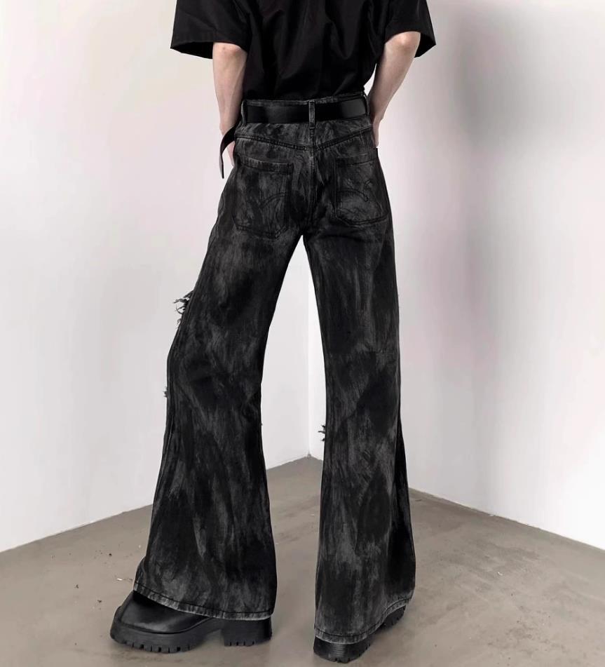 Men’s Black Denim Jeans Flared Casual Punk Hip Hop Trousers Tassels Pants New