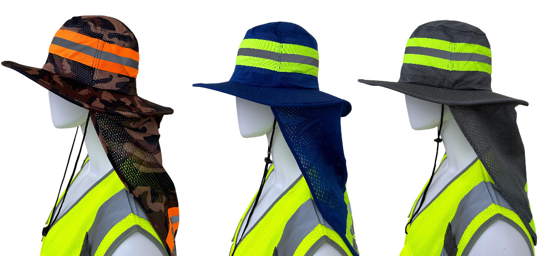 3 Combo Pack Hi Vis Reflective Work Safety Neck Flap Boonie Hat Bucket Cap