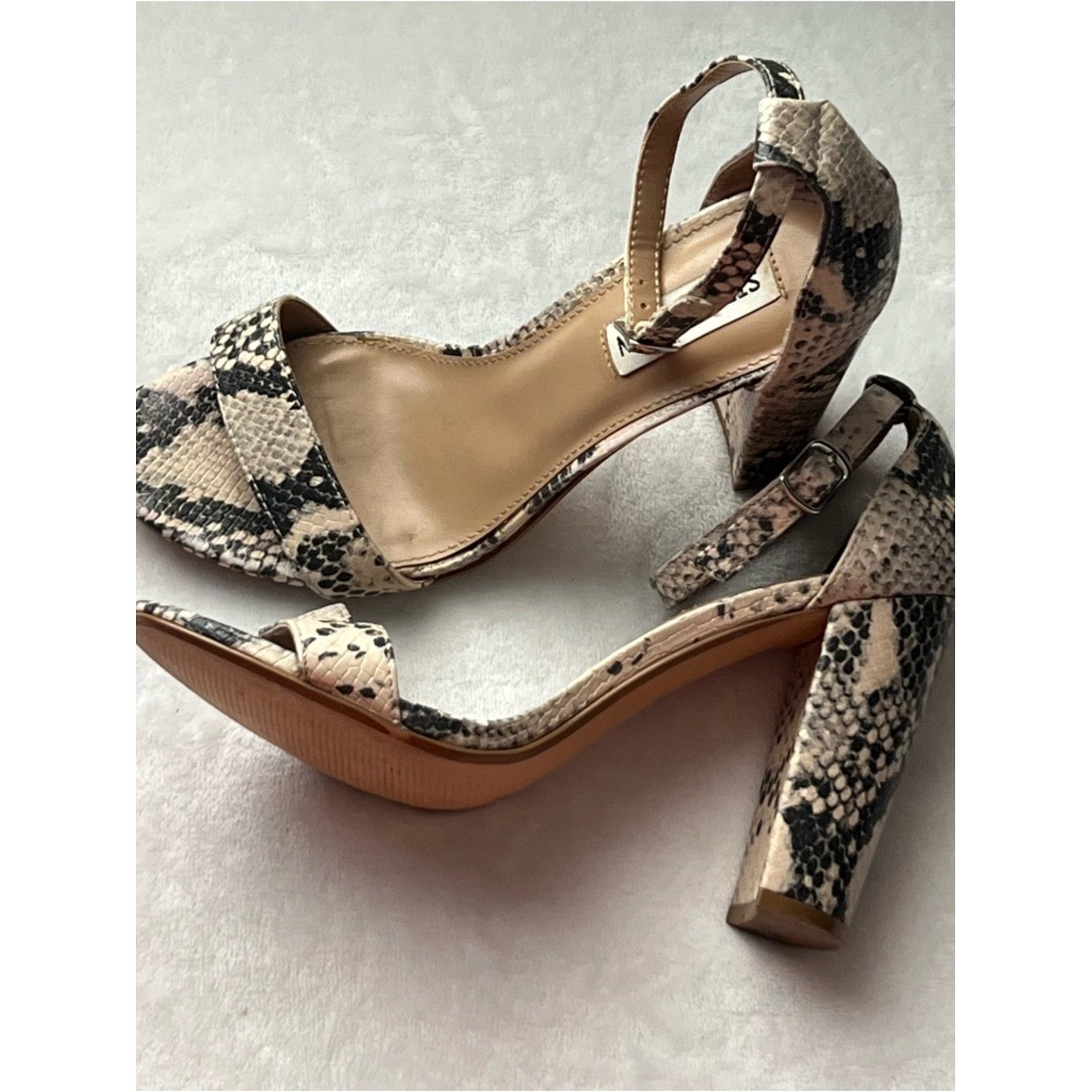 Steve Madden Snake-Print Block Heel Sandals – Beige/Black, Size 9M