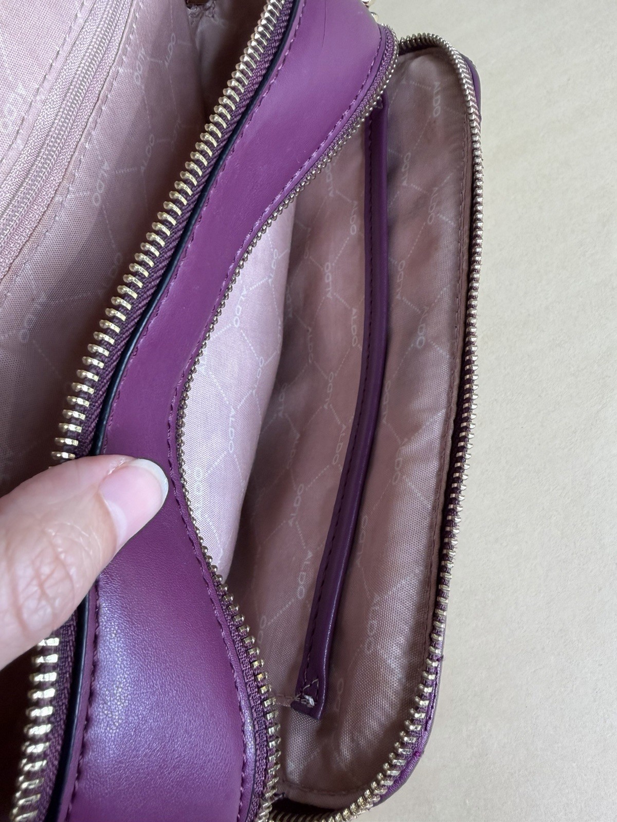 ALDO Purple Quilted Crossbody Bag Double Zip Tassel Gold Tone Hardware