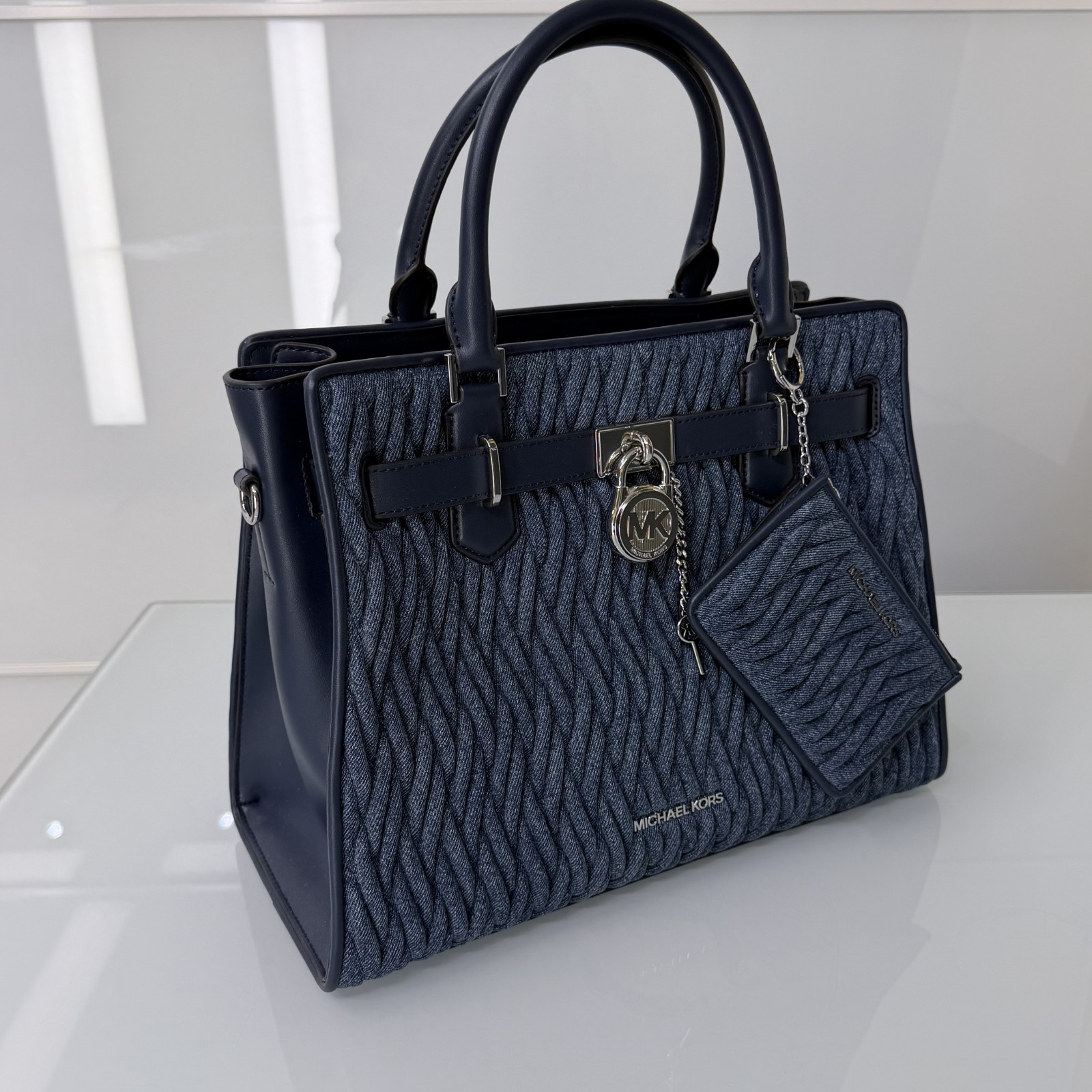 Michael Kors Set Hamilton MD Matelassé Denim Satchel Bag Denim Blue