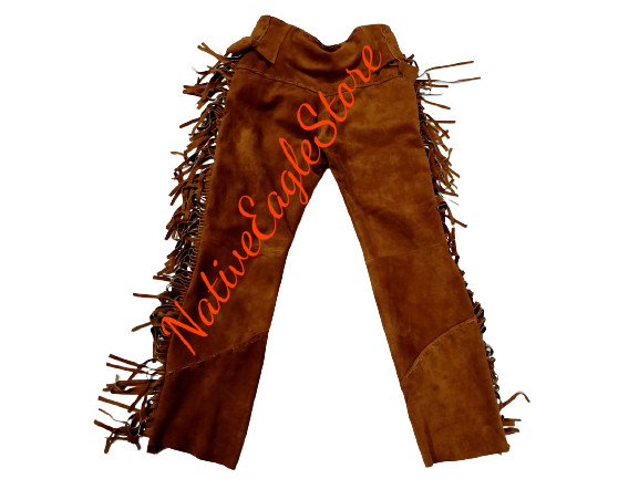 Old Style Cognac Brown Suede leather Western Fringes Side Buttoned Pants SP-26