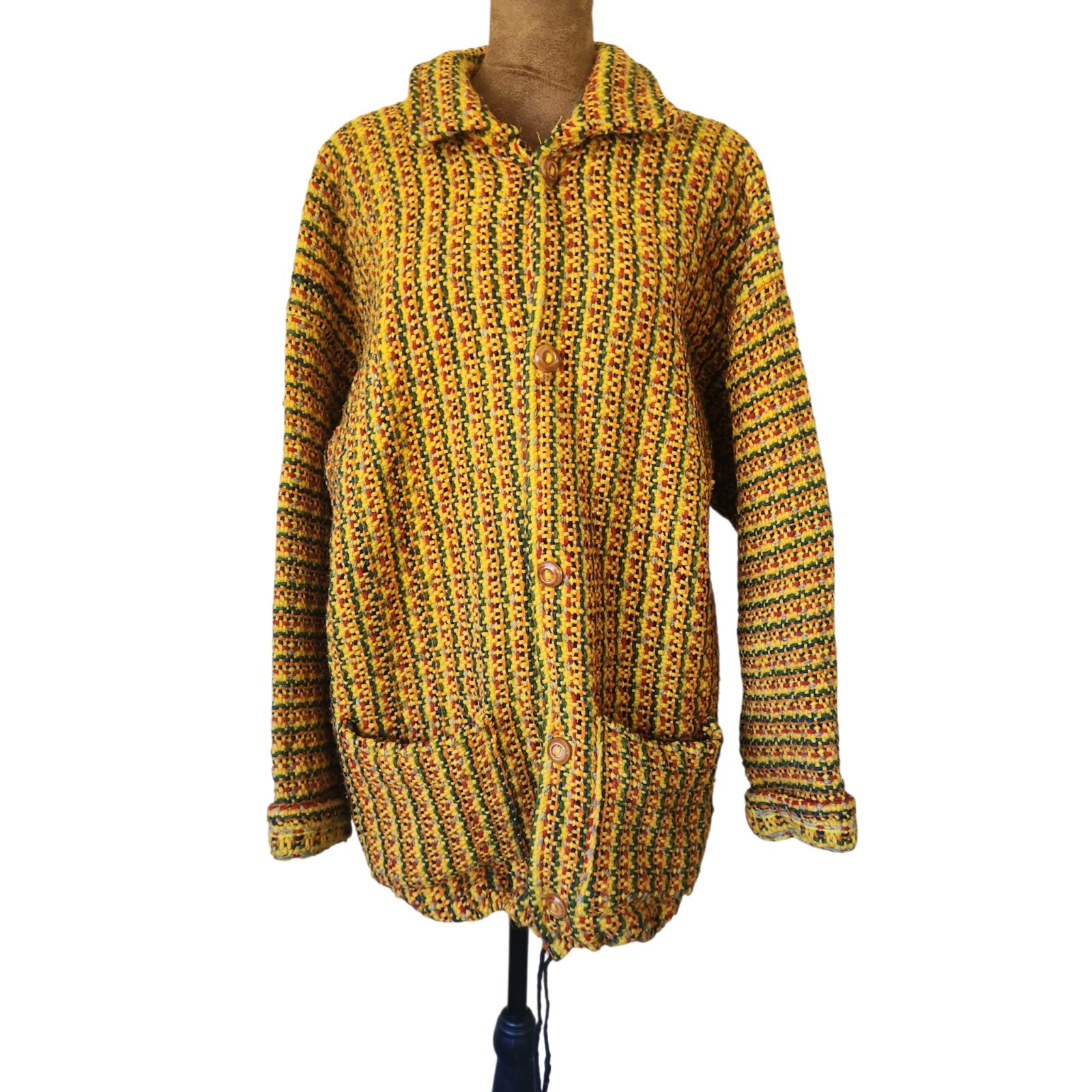 Handmade Colorful Tweed Coat Pockets Button Up Unlined Outdoor Vintage
