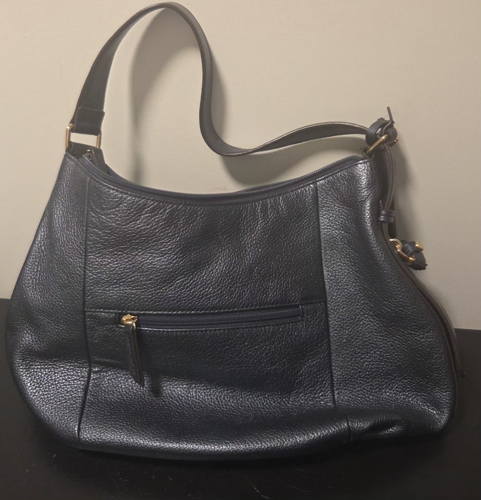 Tignanello Black Pebbled Shoulder Bag Geometric Gold Hardware Inner Pockets