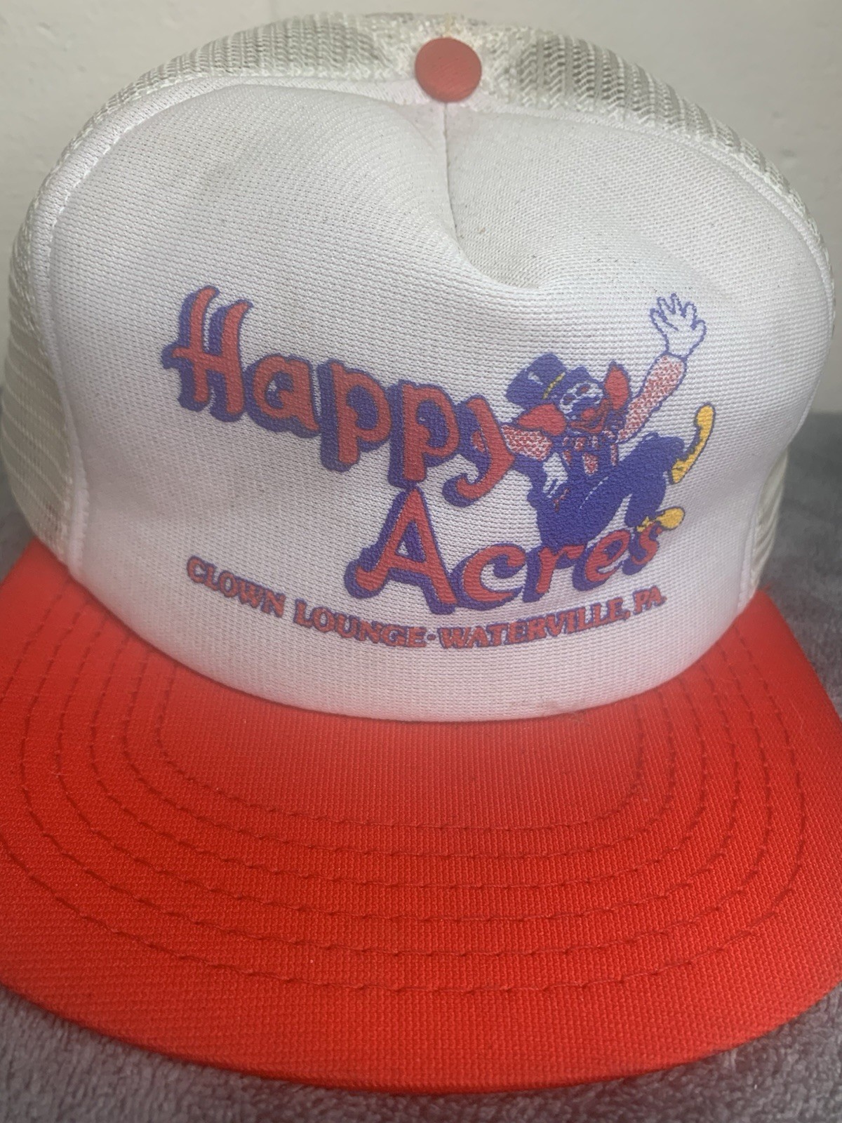 Vintage Clown SnapBack Hat Happy Acres 80’s Trucker Mesh Cap Waterville PA