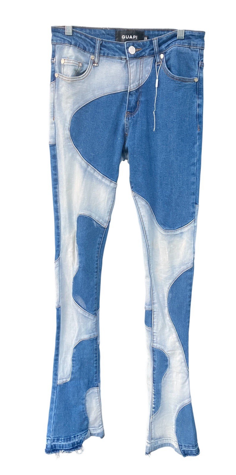 GUAPI Mens Size 28 Wavy Stacked Jeans Two Tone Patchwork Streetwear Blue