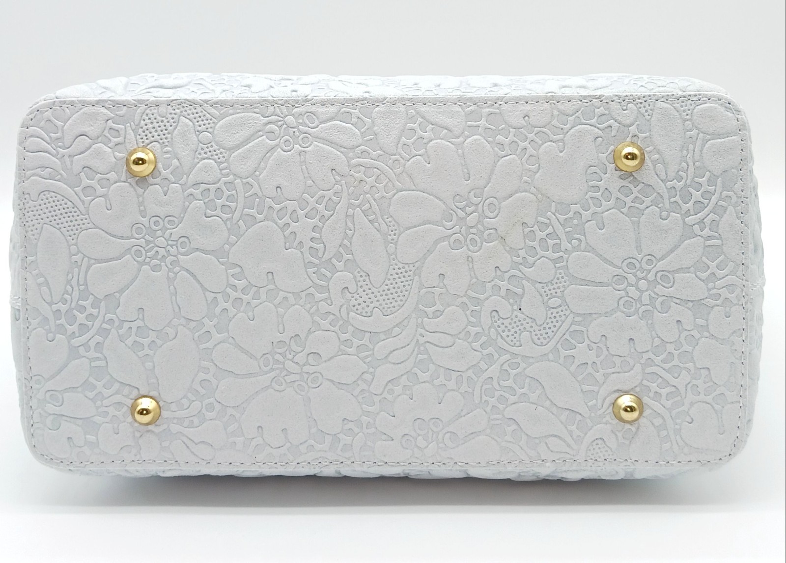 Light Gray Italian Genuine Leather Floral Embossed Handbag Satchel Made In Italy