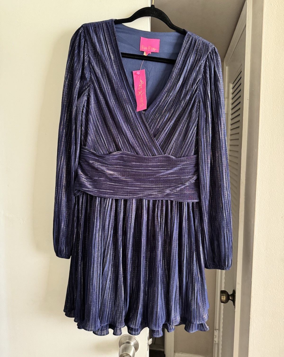 Lilly Pulitzer Blue Solid Wrap Dress V-Neck Long Sleeve Pleated Short Size S
