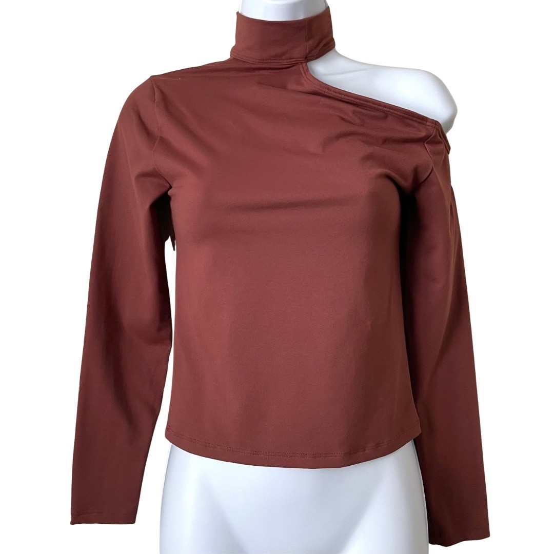 Abercrombie & Fitch Top Womens Brown Small Soft A&F Asymmetric Cutout Mock Neck