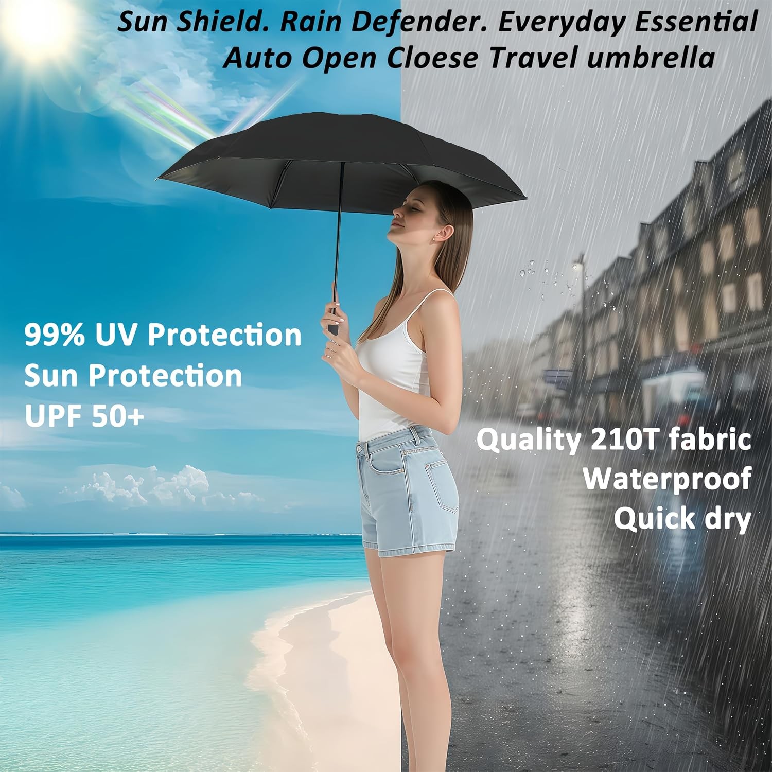 Compact Travel Umbrella UPF 50+ Waterproof Windproof Small Rain and Sun Umbrella