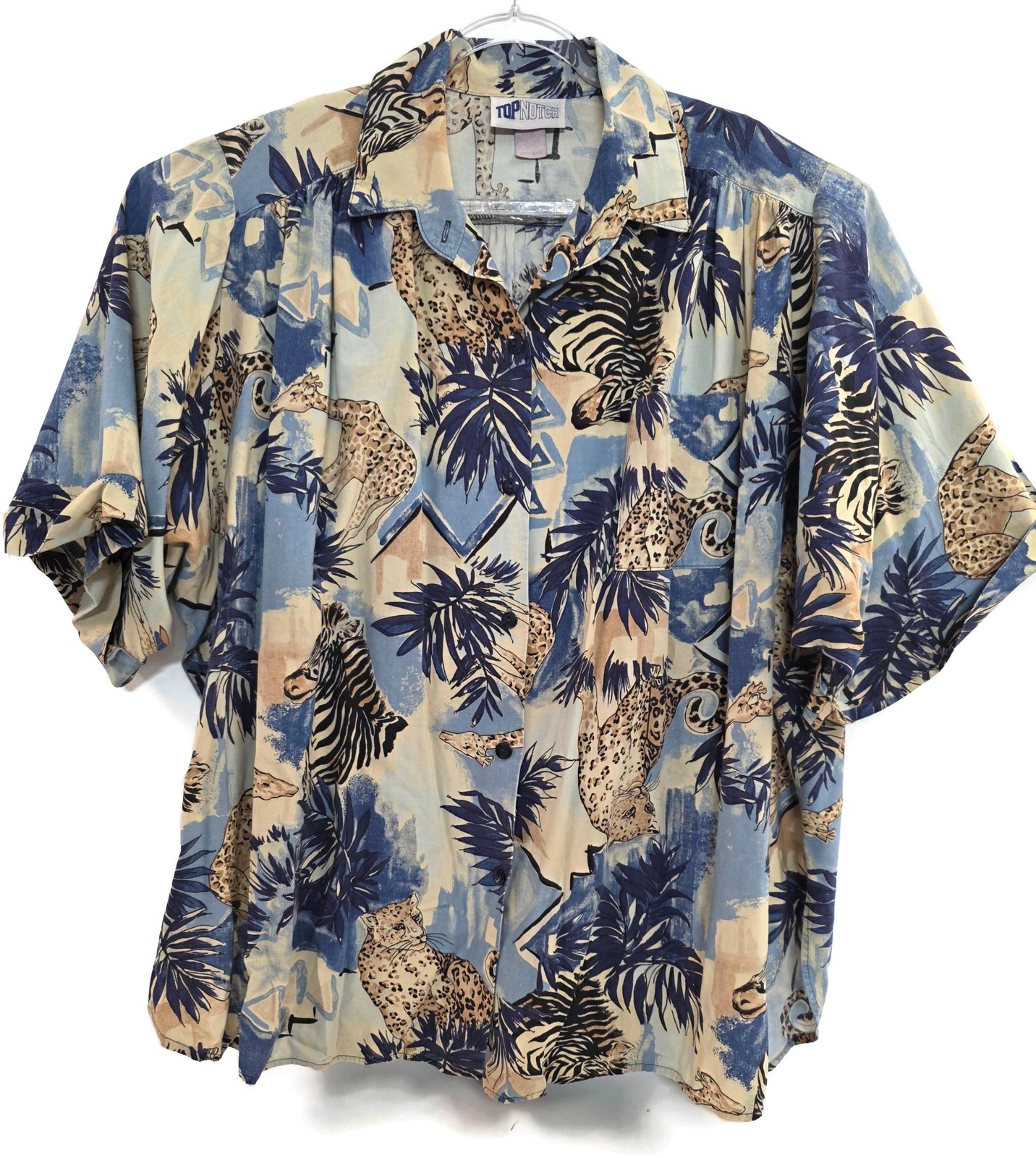 Vintage Top Notch Shirt Mens Large Blue Tan Safari Animal Print Button Front 90s
