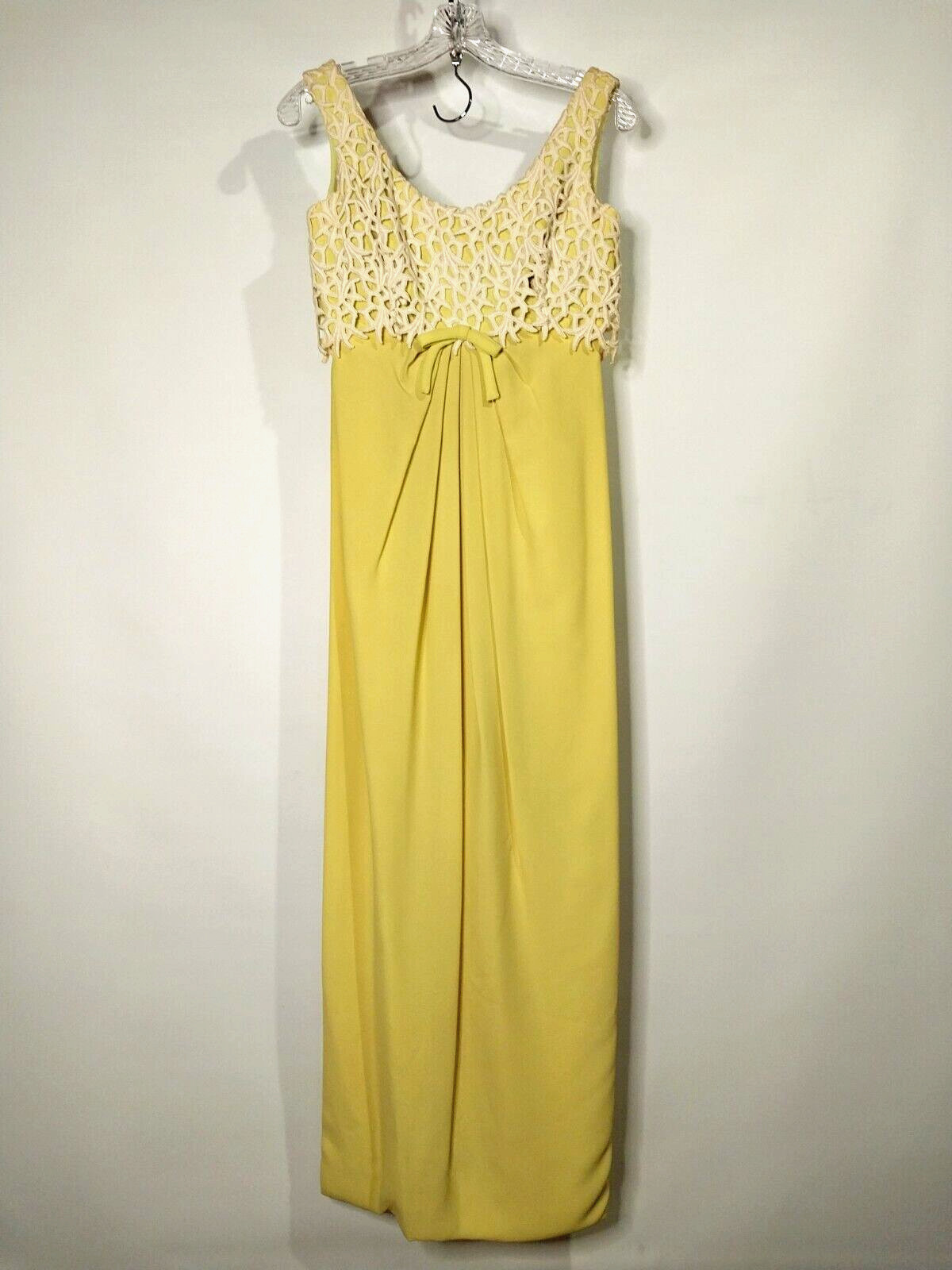 Vintage 1960s ILGWU Yellow Chiffon Lattice Web Maxi Prom Dress Women’s Size 00