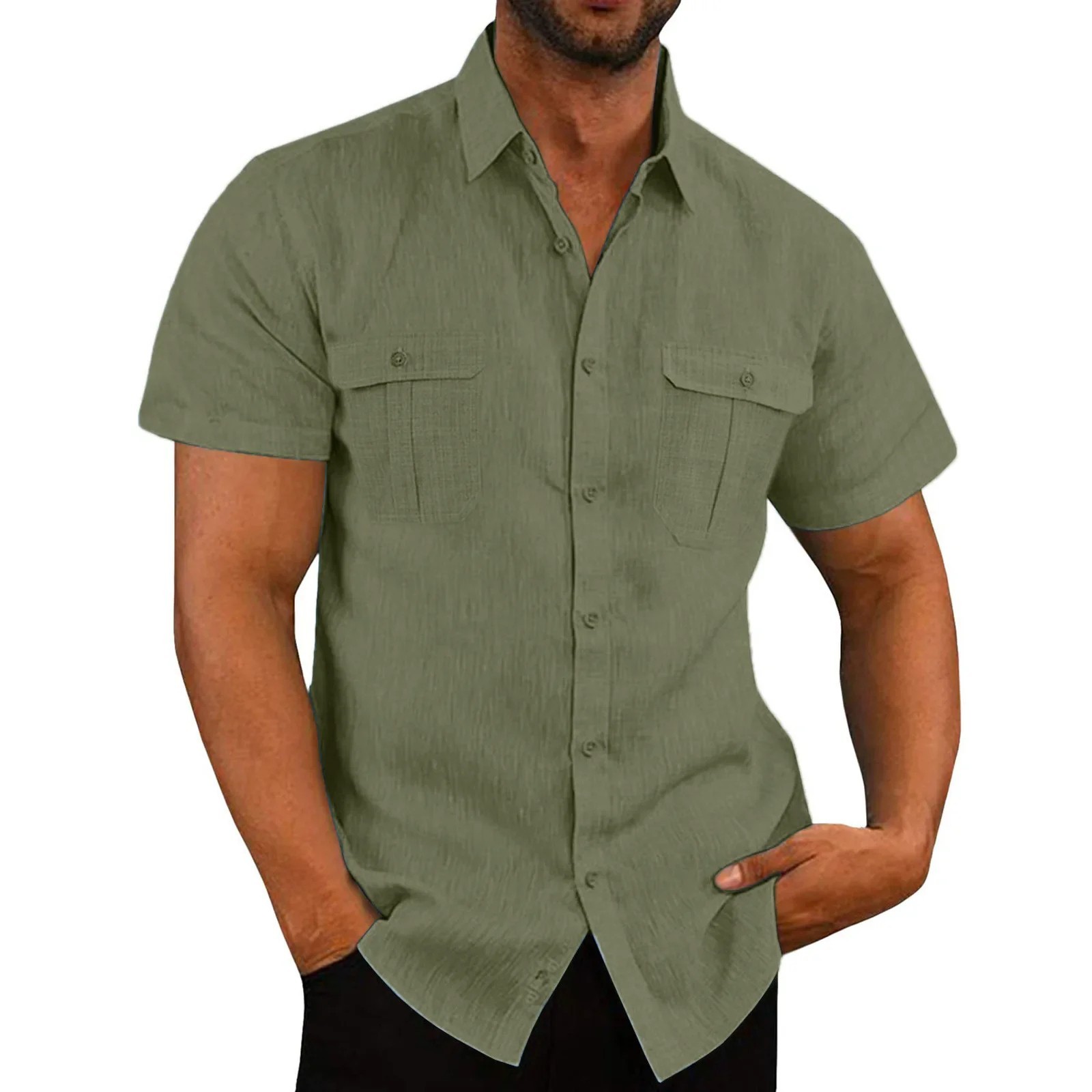 Mens Casual Linen Shirt Short Sleeve Button Up Summer Beach Resort Shirt