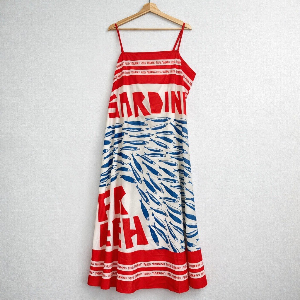 Sardines Print Red Blue Graphic Dress, Pop Art Tank Midi, Attitude Unknown