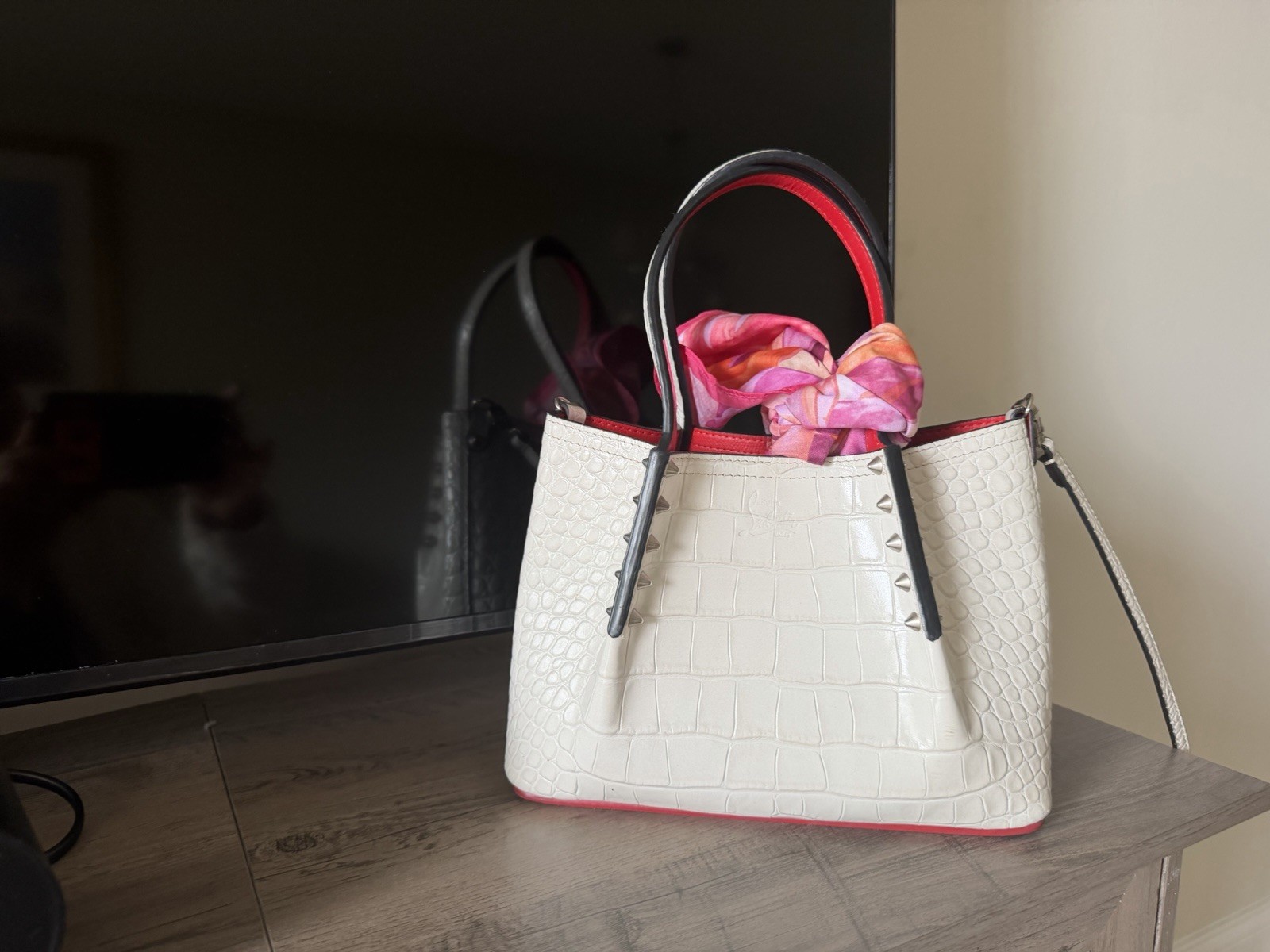 Christian Louboutin White Croc Embossed Paloma Satchel Top Handle w/ Strap Red