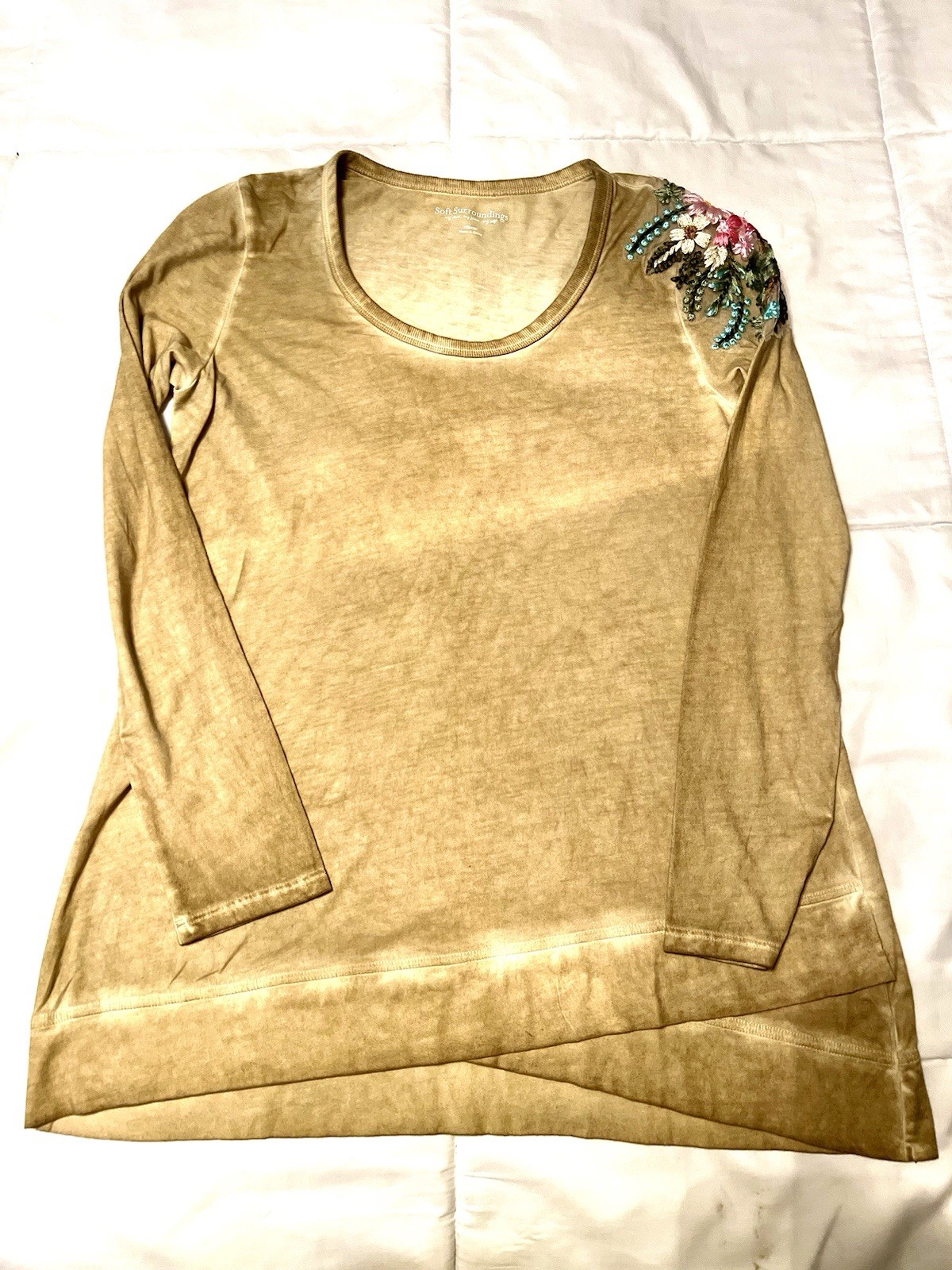 Soft Surroundings Floral Embroidered Tunic Blouse Scoop Neck Beige XSmall
