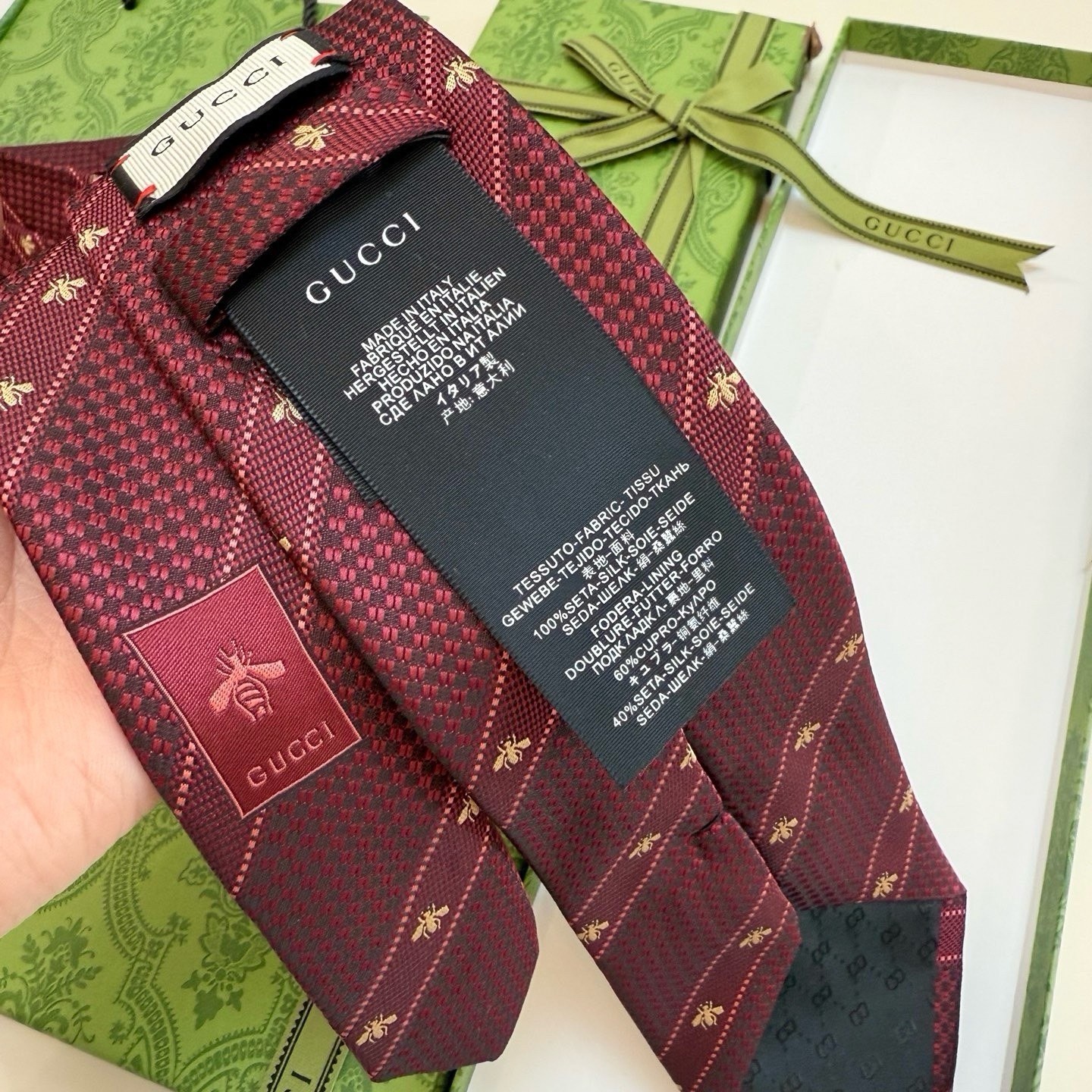 Gucci Burgundy Striped Silk Designer Tie for Men with Logo Theme/Accents