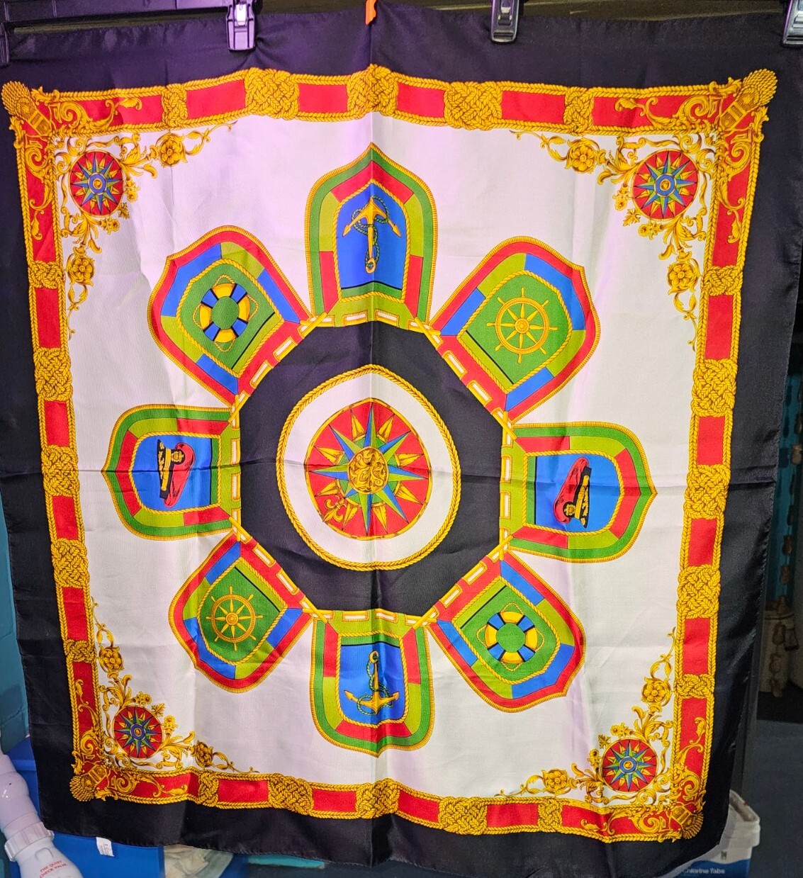 VINTAGE 100% Silk Echo Nautical Scarf Anchor Compass Nice