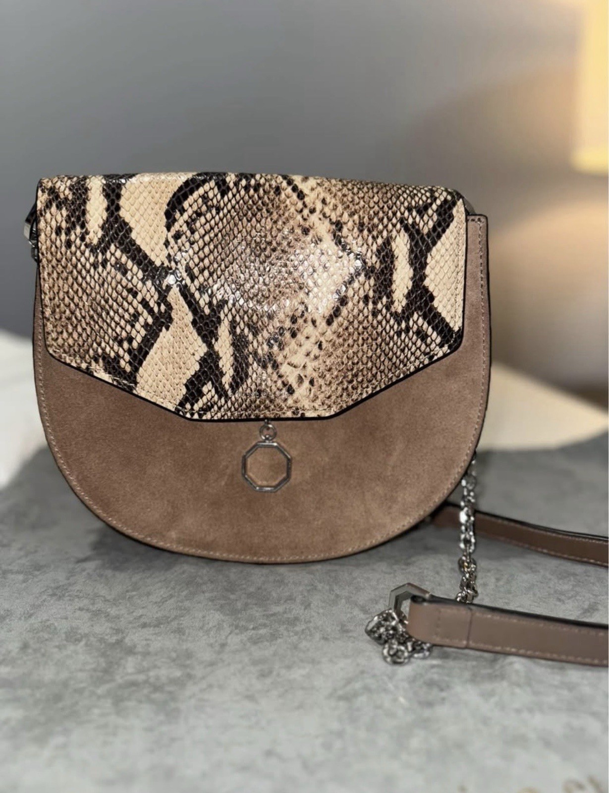 Louise et Cie Taupe Snake Print Crossbody Bag Beige Lining Silver Chain