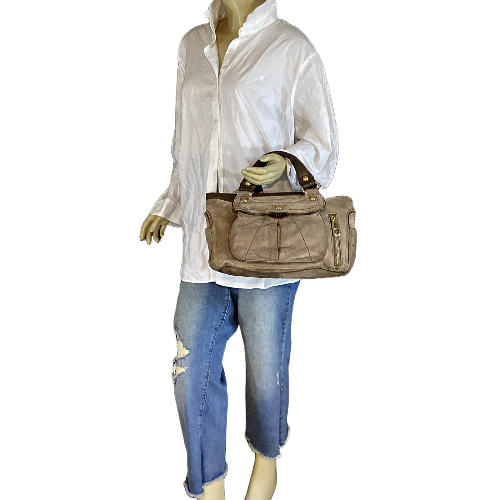 DARK ESPRESSO BROWN LEATHER CELINE “BOOGIE” CONTRAST STITCH SATCHEL BAG