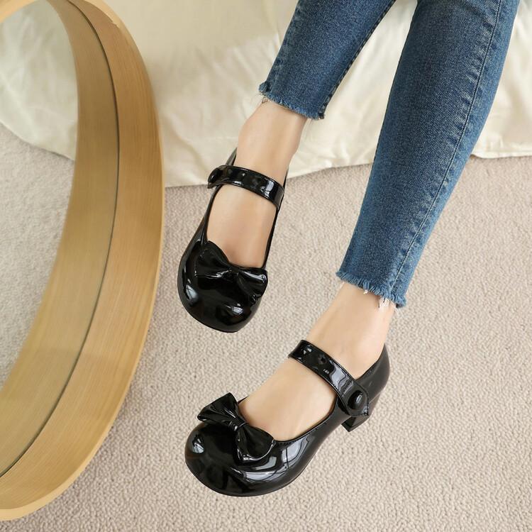 Womens Patent Leather Round Toe Bownot Mary Janes Shoes Ankle Strap Pumps Sweet