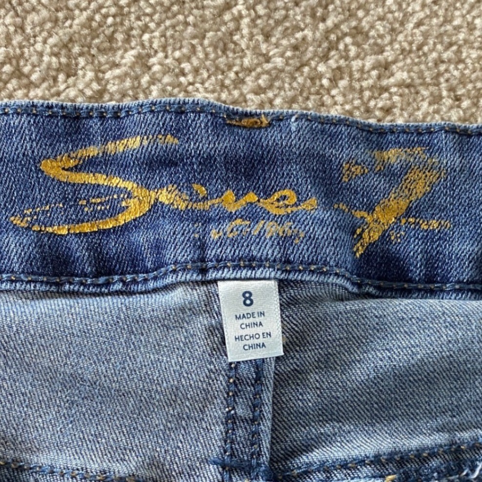 Seven7 Slim Straight Jeans Womens 8 Blue Excellent Distressed High Rise Raw Hem