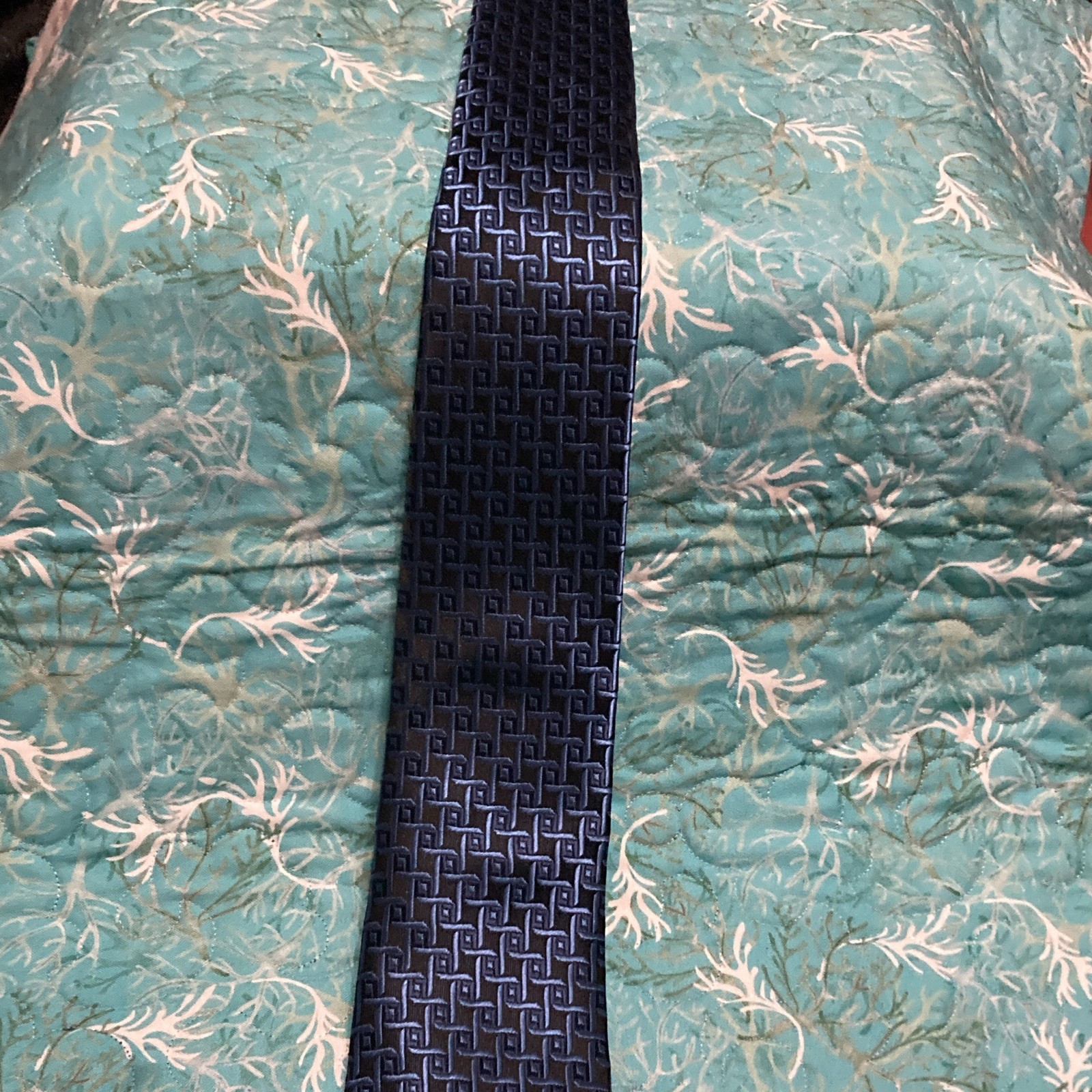 WeiShang Men’s Polyester Tie Blue Black Geometric Woven Logo Pointed