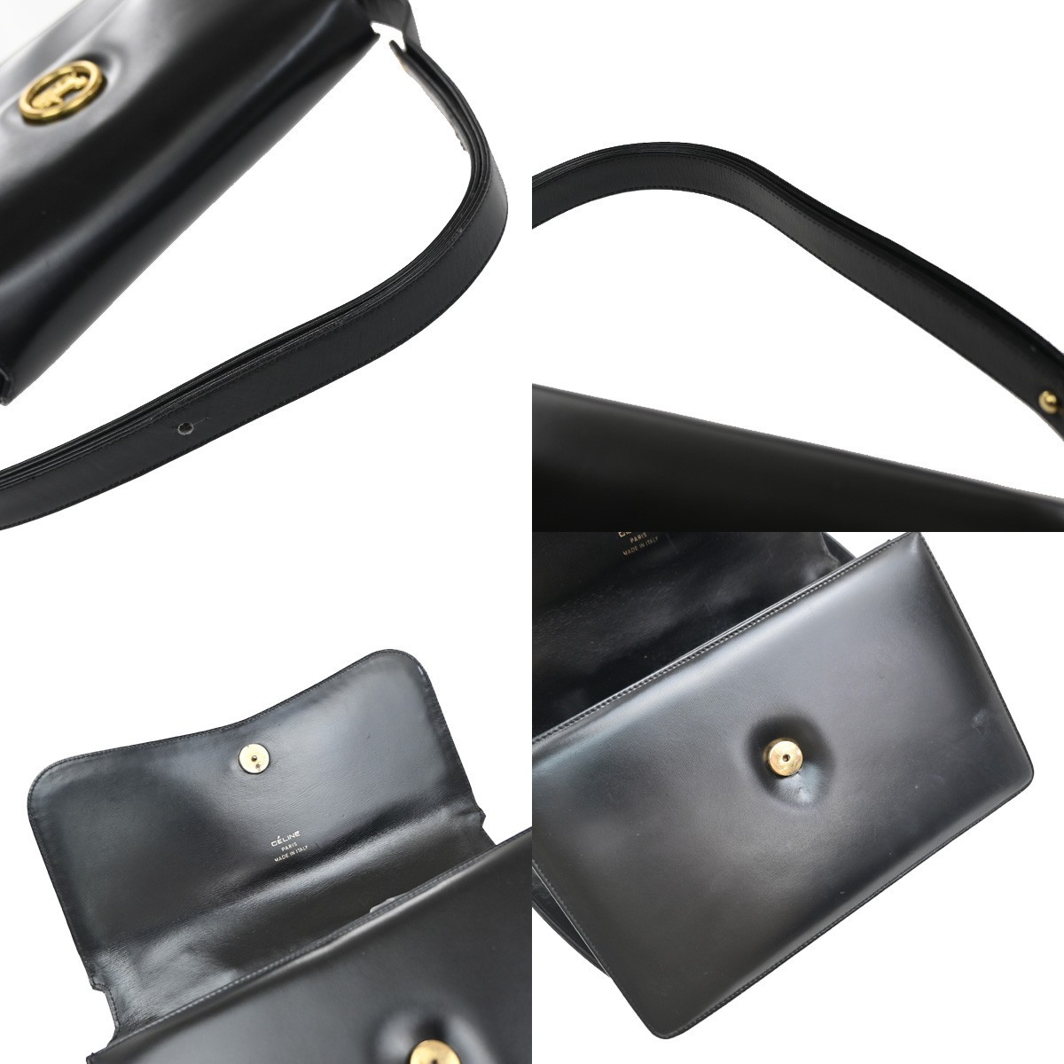 CELINE PARIS Logo Horse Carriage Shoulder Bag Leather Black Gold Italy 38KP606