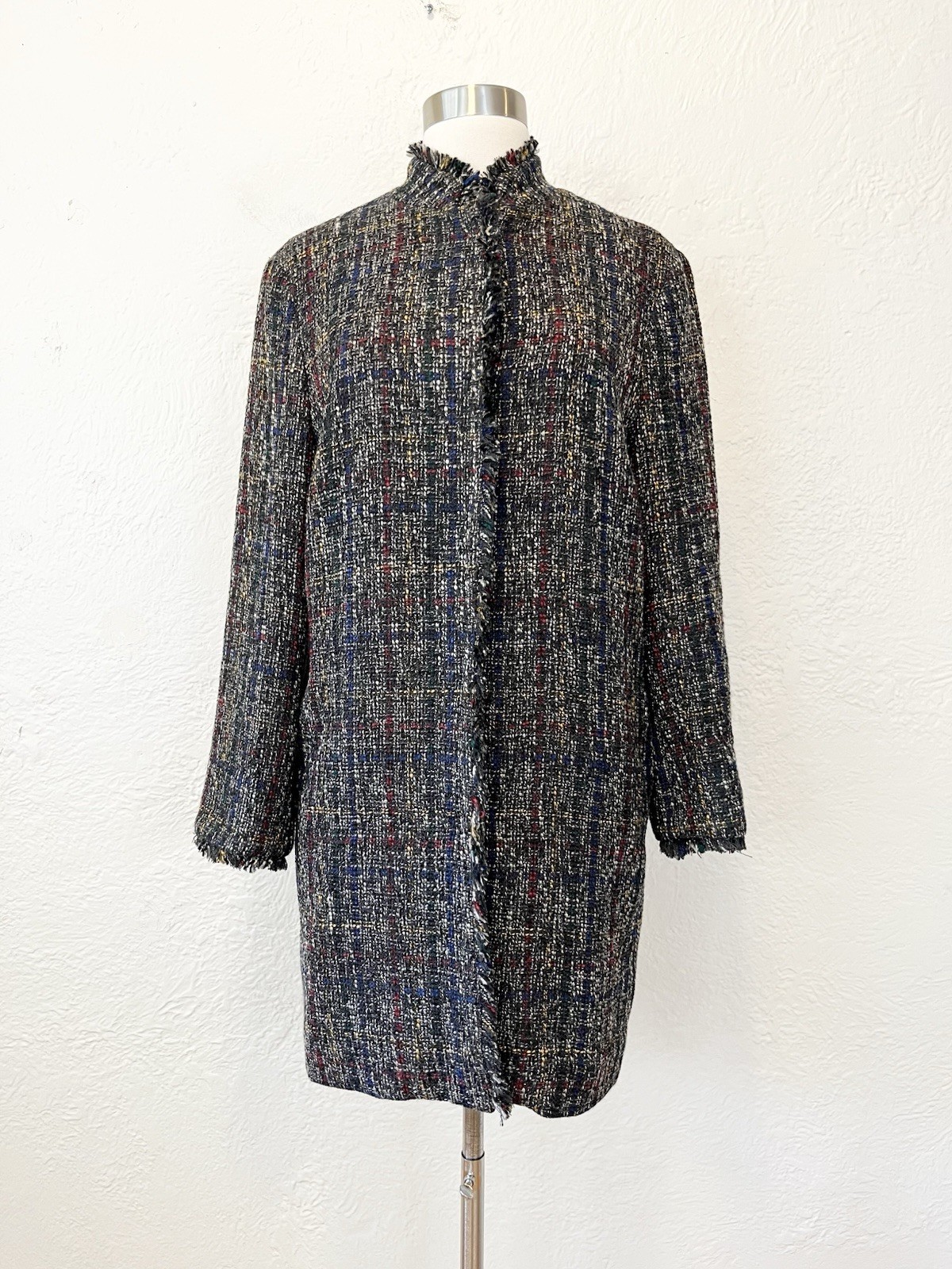 J. McLaughlin Jacket Coat Black Blue Tweed Fringe Large L