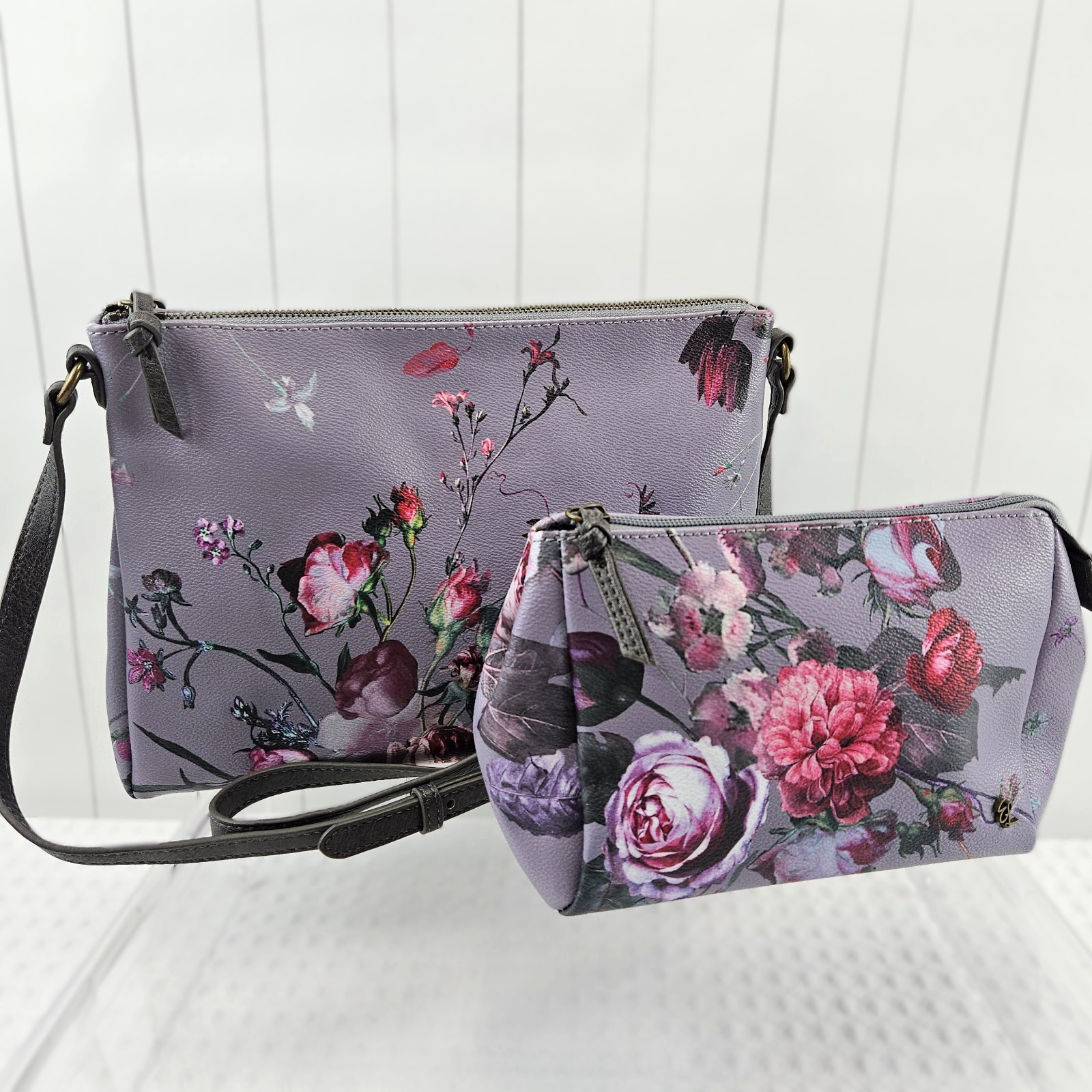 Elliott Lucca Purple Crossbody Bag Matching Pouch Roses Pink Floral Adjustable