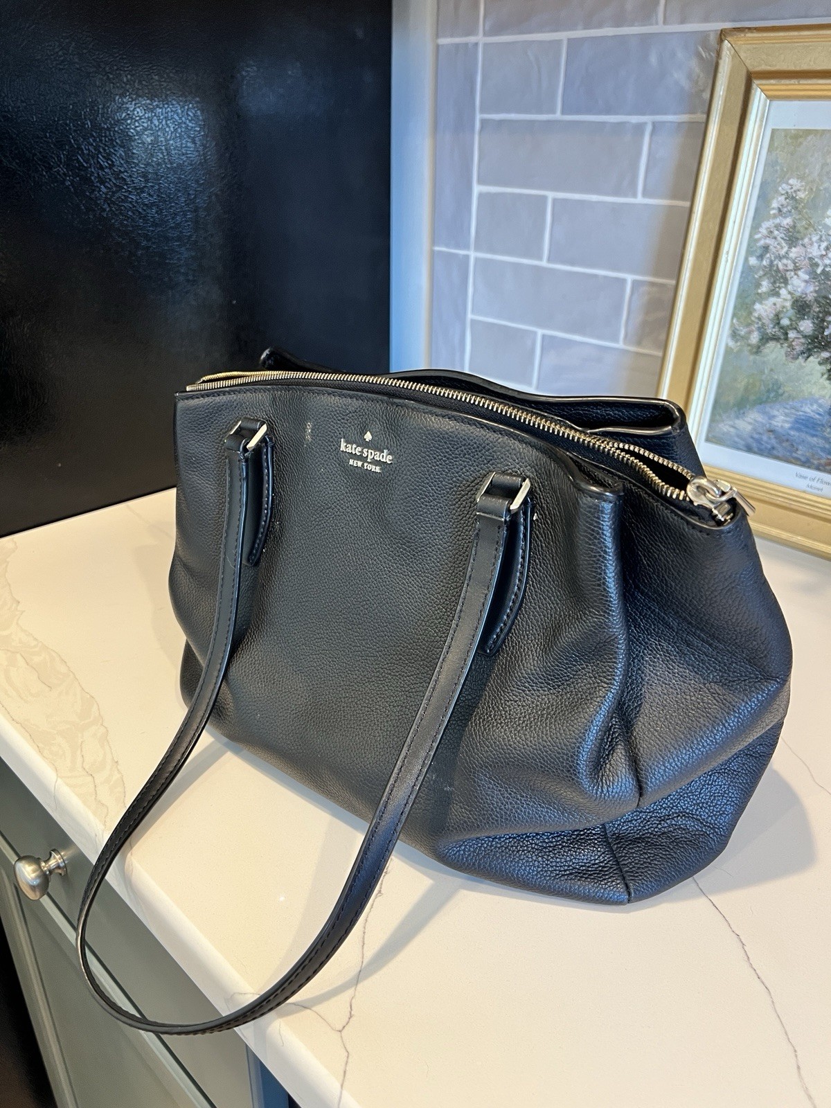 Kate Spade Monet Triple Compartment Tote Black Pebbled Gold Hardware