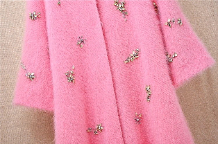 Women Thick Beading Angora Rabbit Fur Half Sleeves Slim Cardigans Sweater Coat