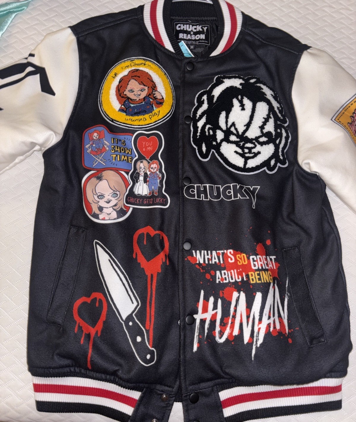 Reason Men’s Varsity Jacket M Black White Red Graphic Print Lined Snap Buttons