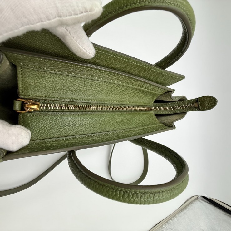 CELINE Luggage Nano Shopper Hand Bag Green Leather Gold Tone