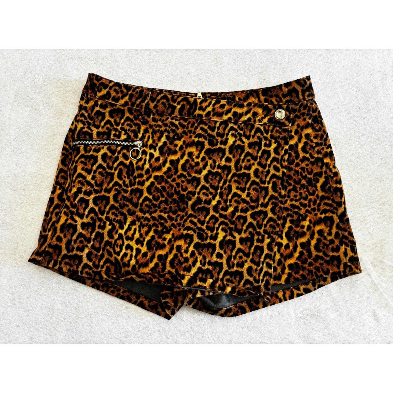Zara Leopard Print Skort Animal Pattern Denim Mini Skirt Shorts Brown Tan Size M