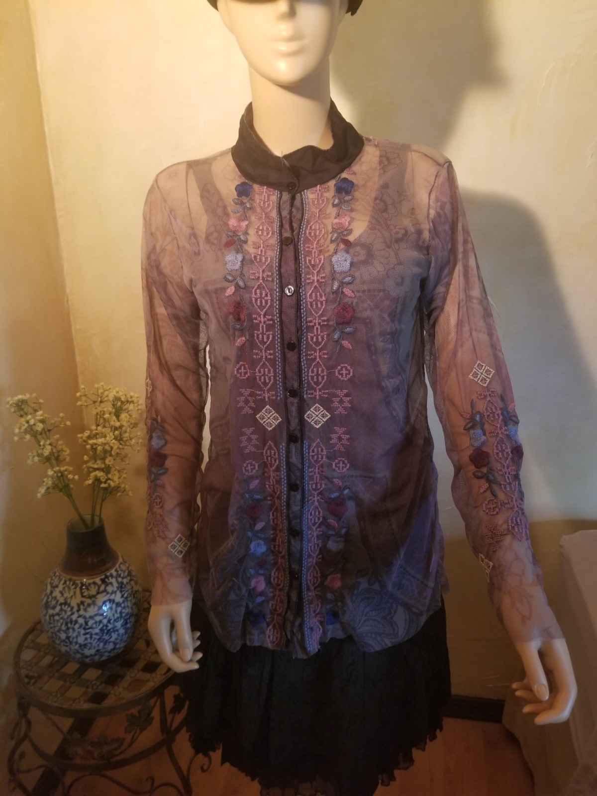 JOHNNY WAS BIYA MULTICOLOR SHEER MESH EMBROIDERED BOHO SHIRT SZ M