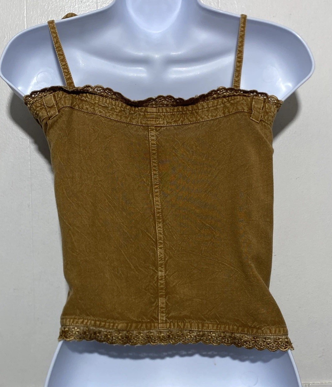 Embroidered Cami Tank One Size Tan Button Front Tie Shoulder Cropped Lace Trim